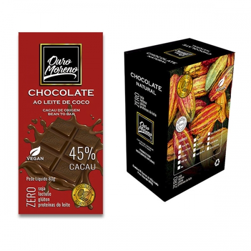 Barra de chocolate ao leite de coco 45% cacau ouro moreno 80g - caixa com 10 - desconto 35%!