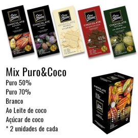 Barras de Chocolate MIX Puro, Branco, Leite de Coco e Açúcar de Coco 80g - Caixa com 10