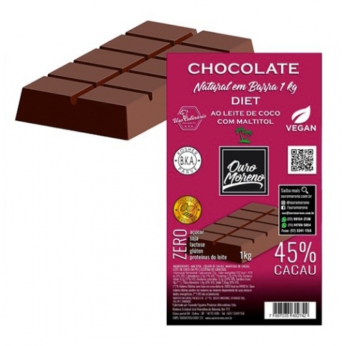 Barra de chocolate para derreter diet 45% cacau ao leite de coco ouro moreno - 1 kg